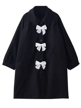 Aranyos Évjárat Elegáns Pamut, bélelt Kabát Őszi Téli Íj Patchwork Nők Közepes hosszúságú Laza Japán Édes Gyapjú Kabát, Női