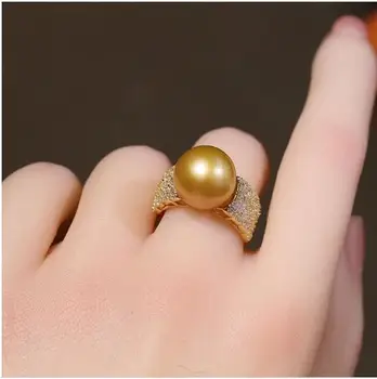 Gyönyörű Hatalmas AAAAA 11mm Valódi Természetes Dél-Tengeri Arany Kerek Gyöngy, Gyűrű 925s Állítható.