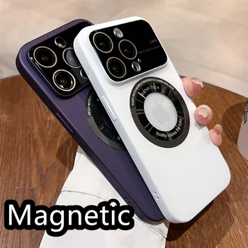 Mágneses Logó Lyuk Esetében iPhone 14 Pro Max 14 Plusz 13 12 Pro Ütésálló Telefon Esetében Matt PC Len Üveg Vezeték nélküli Töltő Borító