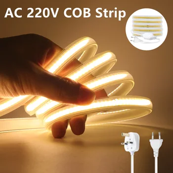 Nagy Fényerejű COB LED Szalag Lámpa 288leds/M EU/UK Plug 220V Vízálló Kültéri Kerti Neon Szalag Hálószoba, Konyha Világítás