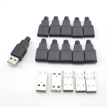 10db Típusú Férfi USB Csatlakozó 4 Pin Csatlakozó, Fekete Műanyag borítás Forrasztani 2.0 USB Csatlakozó DIY 5V Csatlakozó 1,5-2A