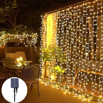 3X3M Napelemes 300 LED-Ablak Függöny Fények Réz Drót Karácsonyi String Fények 8 Módok Esküvői Otthon Kert Meleg Fehér