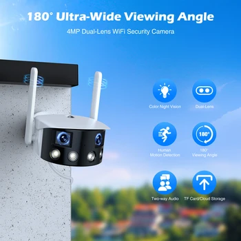 4MP Wifi Biztonsági Kamera 180° - Os Ultra Széles Látószögű Panorámás Kettős Lencse Kültéri Mozgásérzékelő Audio Felvétel 2K Biztonsági IP Kamera