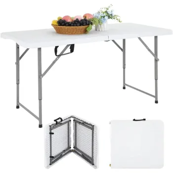 4ft Összecsukható Asztal, Állítható Magasság, Beltéri/Szabadtéri Piknik Kemping Padon,Fehér
