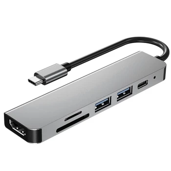 6 az 1-ben USB C Típusú Elosztó Adapter 4K 30Hz, HDMI-Kompatibilis Többportos kártyaolvasó USB3.0 TF PD Videó Multi Port Adapter