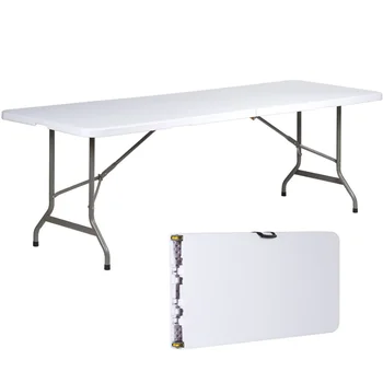 8 Ft, Téglalap Alakú Fehér Műanyag Összecsukható Asztal,Mesa Terraza Külső Pequeña, Kemping Asztal, Kerti Asztal, Összecsukható Kemping Asztal