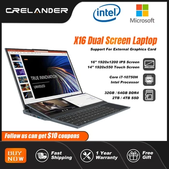 CRELANDER X16 Dupla Képernyő Laptopok 16 cm + 14 Hüvelykes érintőképernyő Intel Core I7 10750H Windows 11 Hordozható Notebook Számítógép PC