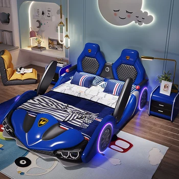 Gyári nagykereskedelmi dupla kreatív gyerek autós ágy fiú rajzfilm bőr ágy a védőrács lány Gyermekek versenyautó ágy