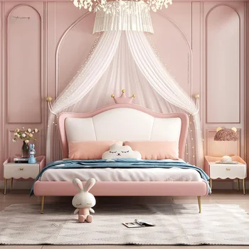 Korona Rózsaszín Hercegnő Gyermek Ágy Fény Luxus Bőr Modern Lány, Gyermek Ágyak Nettó Piros Camas Dormitorio Hálószoba Bútor