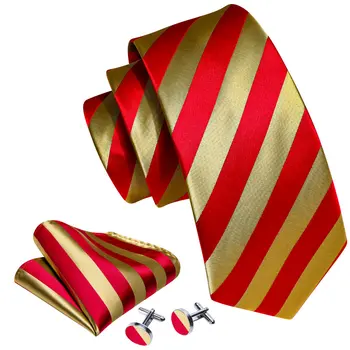 Luxus Piros Arany Csíkos Nyakkendőt A Férfiak Gyönyörű Selyem Nyakkendő Kendő Mandzsettagomb Beállítja Vőlegény Esküvői Buli Tervező Barry.Wang 6362