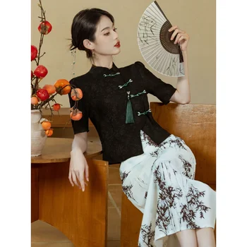 Modern Kínai Tang Style Ruha Női Fekete Jacquard Zöld Gombot Ing Bambusz Nyomtatott Szoknya Javult Retro Cheongsam Ruha