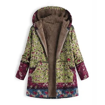 Női Téli Kabát Kapucnis Zsebbel, Meleg Gyapjú Virágos Kabát Kabát,Zöld L